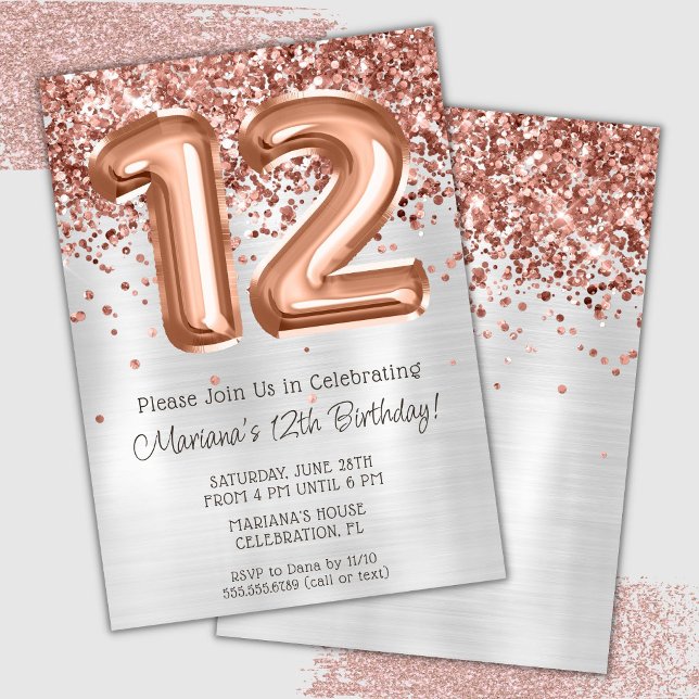 Convite de Aniversário de 12 Anos Rose Gold Prata (Criador carregado)