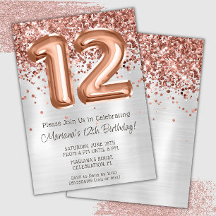 Convite de Aniversário de 12 Anos Rose Gold Prata