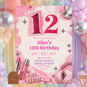 Convite de aniversário de 12 anos Y2k Pink Girl co