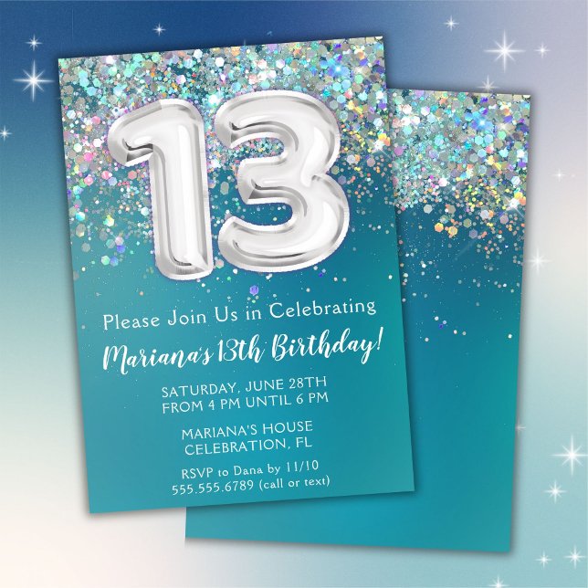 Convite de Aniversário de 13 anos Brilho Teal Prat (Criador carregado)