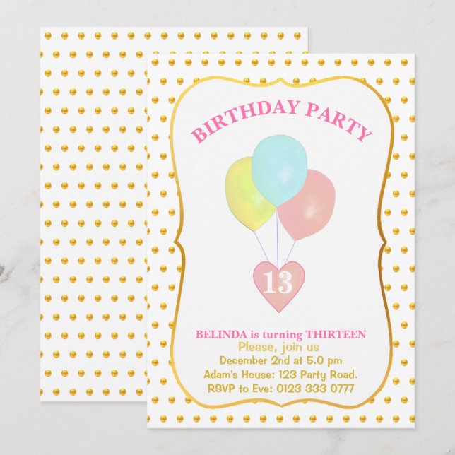 Convite de Aniversário de 13 anos Coração e Balões (Frente/Verso)