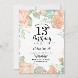 Convite de Aniversário de 13 anos Floral Pêssego B