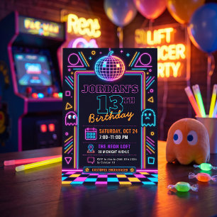 Convite de Aniversário de 13 anos Neon Retro Arcad