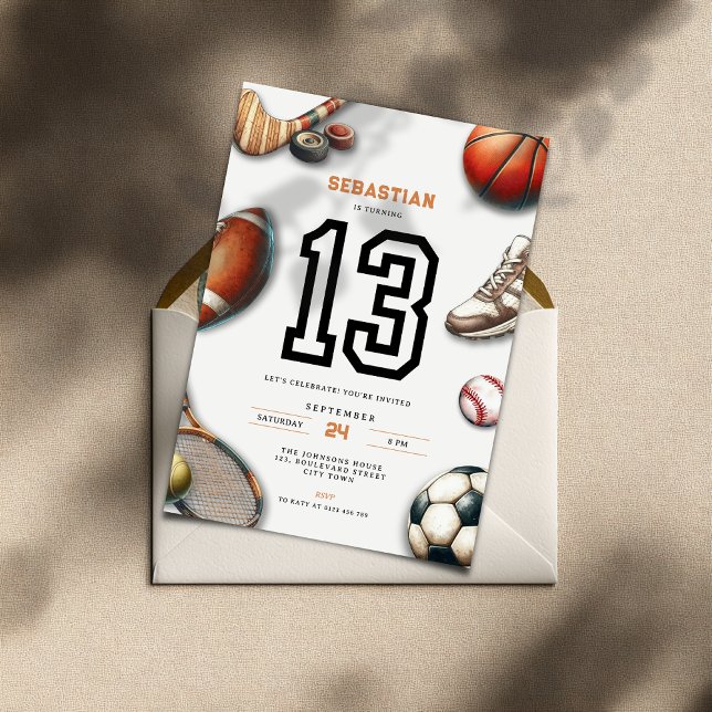 Convite de Aniversário de 13 anos para Meninos de  (All Star Sports 13th birthday invitation for teenager boys)