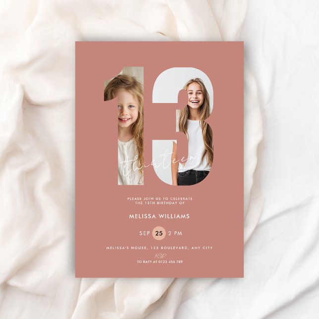 Convite de Aniversário de 13 Anos Personalizado Du (13th birthday invitation with photo in dusty pink color for girls)