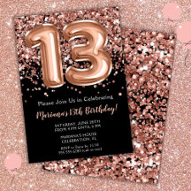 Convite de Aniversário de 13 Anos Preto Rosa Doura