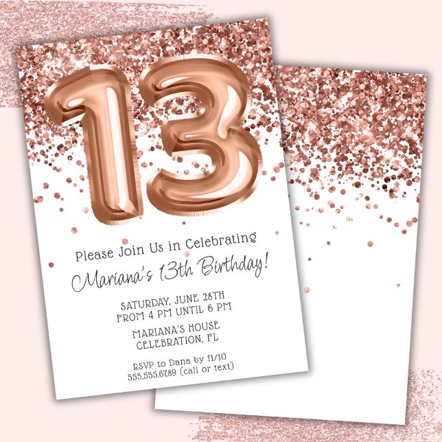 Convite de Aniversário de 13 Anos Rose Gold (Criador carregado)