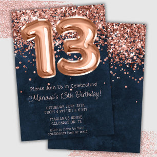 Convite de Aniversário de 13 Anos Rose Gold Azul N