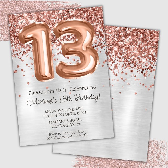 Convite de Aniversário de 13 Anos Rose Gold Prata (Criador carregado)