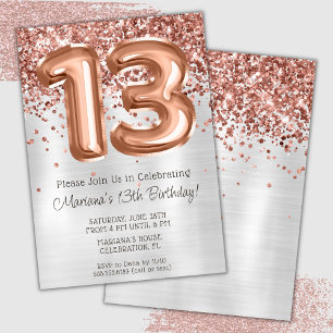 Convite de Aniversário de 13 Anos Rose Gold Prata