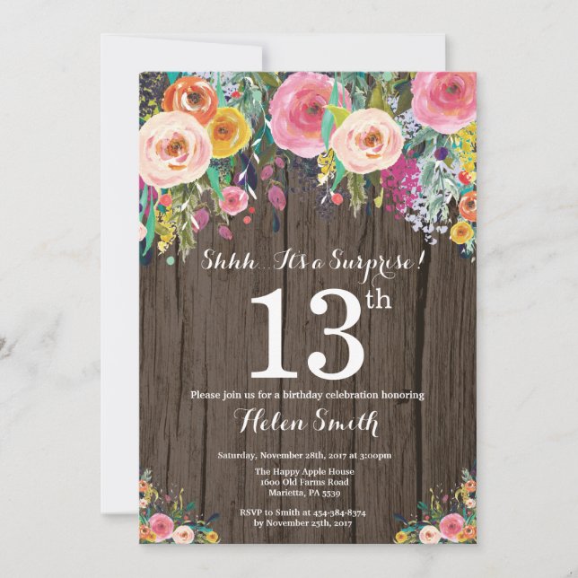 Convite de Aniversário de 13 anos Surpresa Floral  (Frente)