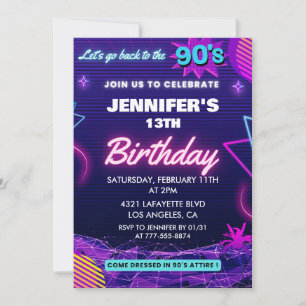 convite de aniversário de 13 anos tema anos 90 Ret