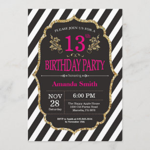 Convite de Aniversário de 13. Brilho preto e Dour