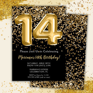 Convite de Aniversário de 14 Anos Black Gold Kids