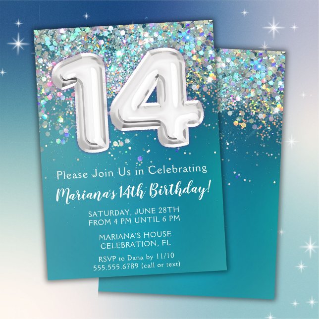 Convite de Aniversário de 14 Anos Brilho Teal Prat (Criador carregado)