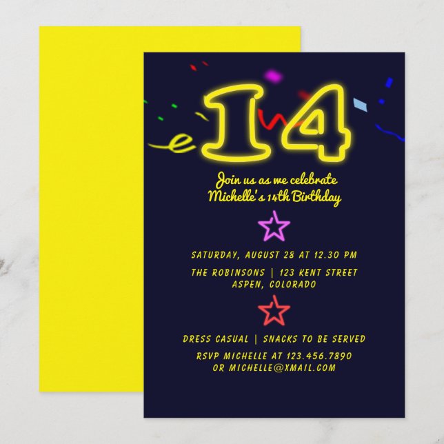 Convite de Aniversário de 14 Anos com Letreiro de  (Frente/Verso)