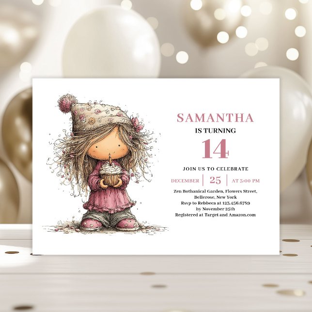Convite de Aniversário de 14 Anos de Menina Excênt (Funny Quirky Girl 14th Birthday Invitation Pink)