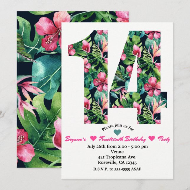 Convite de Aniversário de 14 Anos Floral Tropical (Frente/Verso)