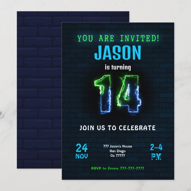 Convite de Aniversário de 14 anos para Menino (Frente/Verso)