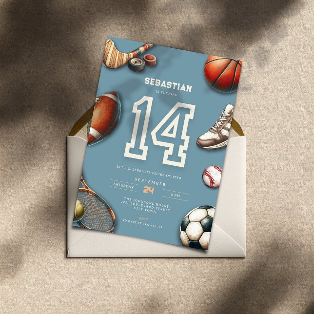 Convite de Aniversário de 14 Anos para Meninos de  (All Star Sports 14th birthday invitation for boys)