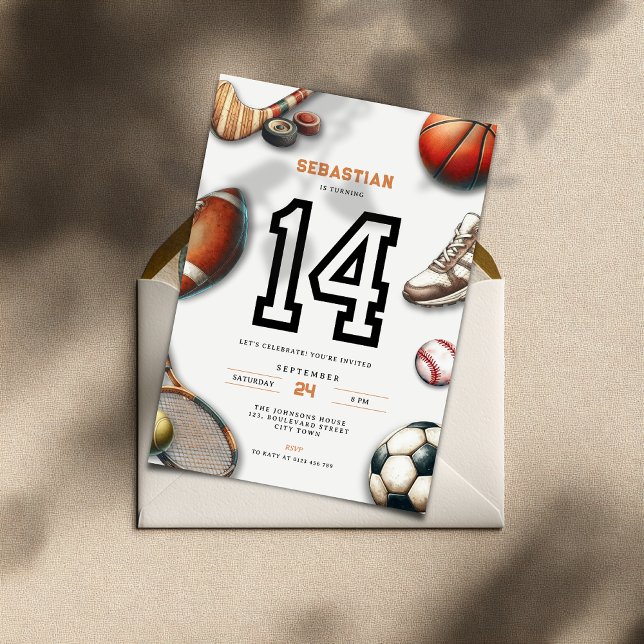 Convite de Aniversário de 14 Anos para Meninos de  (All Star Sports 14th birthday invitation for teenager boys)