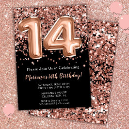 Convite de Aniversário de 14 Anos Preto Rosa Doura