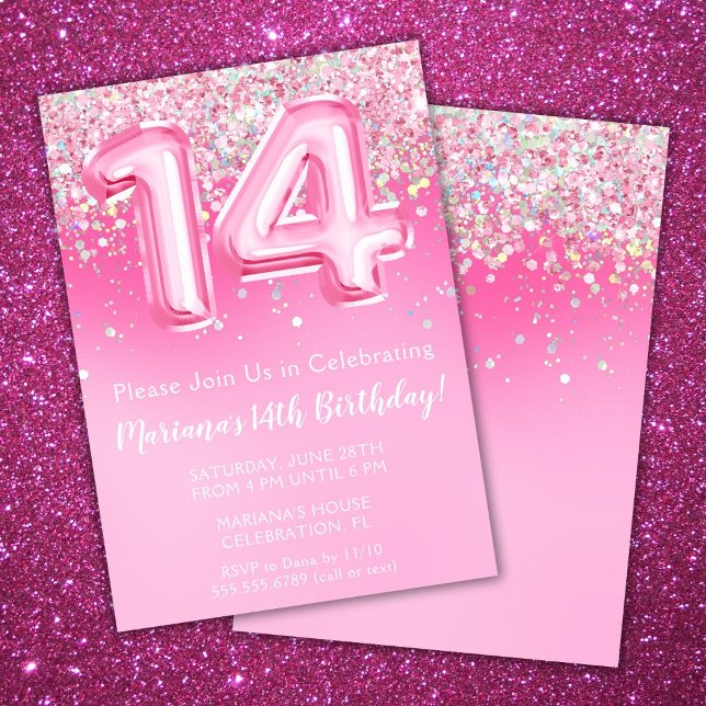 Convite de Aniversário de 14 Anos Rosa Brilho Femi (Criador carregado)