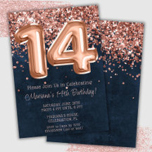Convite de Aniversário de 14 Anos Rose Gold Navy B