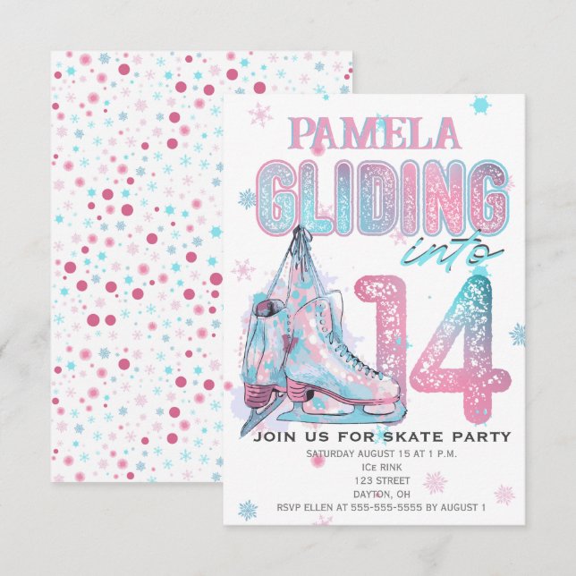Convite de aniversário de 14 de patinação (Frente/Verso)