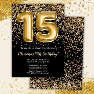 Convite de Aniversário de 15 Anos Black Gold Kids