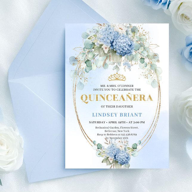 Convite de Aniversário de 15 Anos Boho Azul Floral (Modern Boho Blue Floral Gold 15th Birthday Invitation)