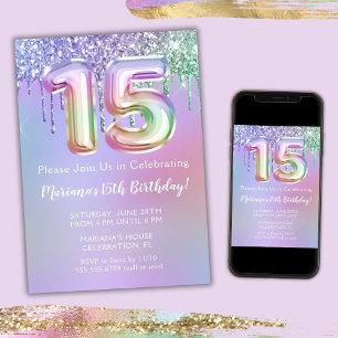 Convite de Aniversário de 15 Anos Brilho Rosa Roxo