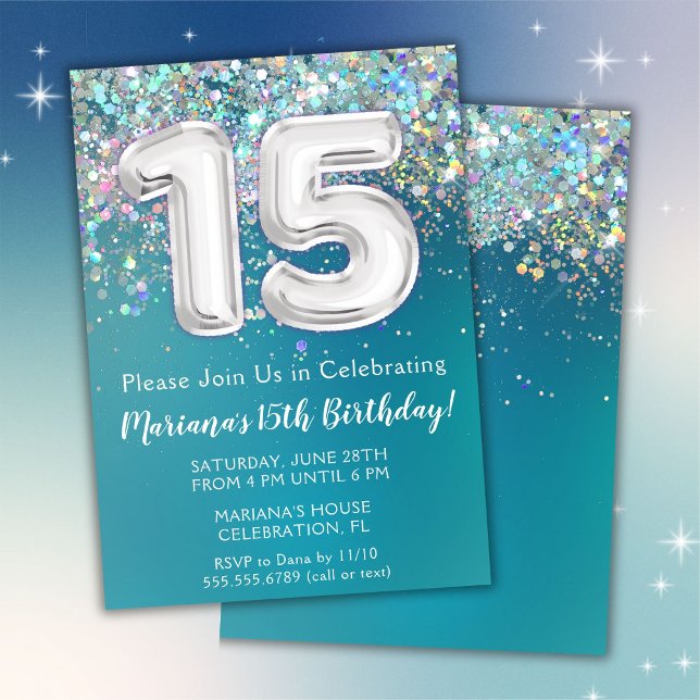 Convite de Aniversário de 15 Anos Brilho Teal Prat (Criador carregado)
