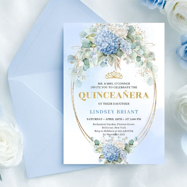 Convite de Aniversário de 15 Anos Chic Boho Blue H (Chic Boho Blue Hydrangea 15th Birthday Invitation)