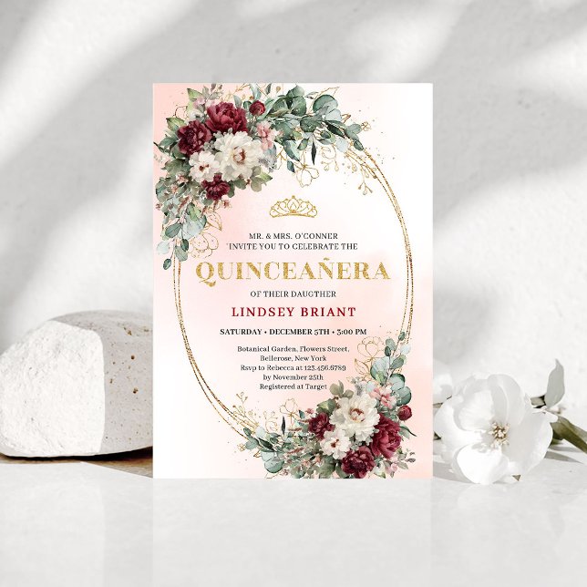 Convite de Aniversário de 15 Anos Chic Maroon Peon (Chic Maroon Peony Eucalyptus 15th Birthday Invite

)