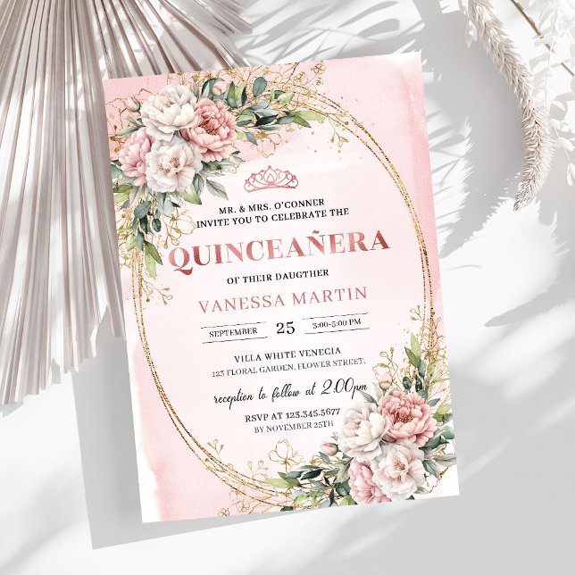 Convite de Aniversário de 15 Anos com Flores Rosa  (Pastel Pink Flowers Greenery 15th Birthday Invite Design

)