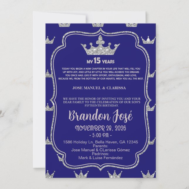 Convite de aniversário de 15 anos doce, azul e pra (Frente)