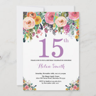 Convite de Aniversário de 15 anos Floral Roxo