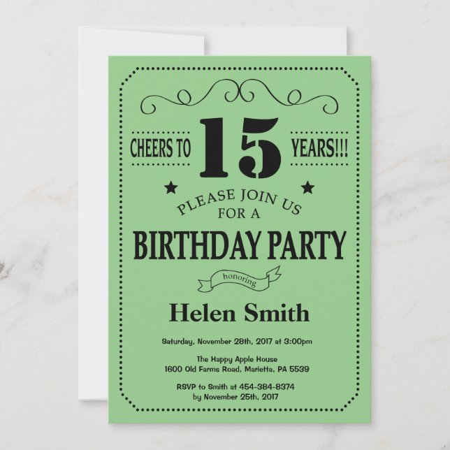 Convite de Aniversário de 15 Anos Preto e Verde (Frente)