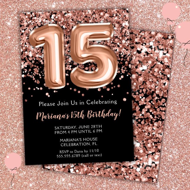 Convite de Aniversário de 15 Anos Preto Rosa Doura (Criador carregado)