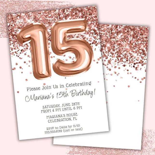 Convite de Aniversário de 15 Anos Rose Gold (Criador carregado)