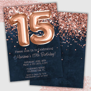 Convite de Aniversário de 15 Anos Rose Gold Azul N