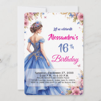 Convite de Aniversário de 16 anos Azul Floral Eleg