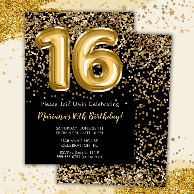 Convite de Aniversário de 16 Anos Black Gold Kids  (Criador carregado)