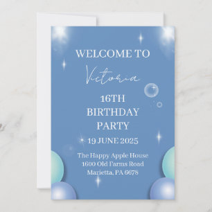 Convite de Aniversário de 16 Anos Blue Sparkle Bub