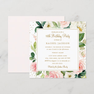 Convite de Aniversário de 16 anos Blush Gold Flora