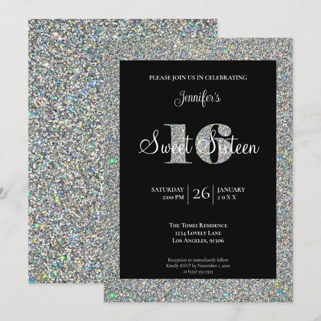 Convite de Aniversário de 16 Anos Brilhante Glitte (Frente/Verso)