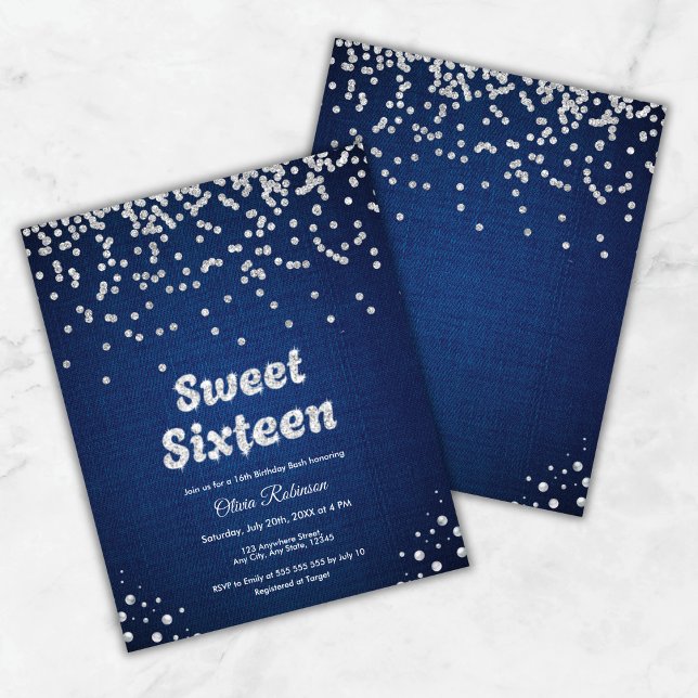 Convite de Aniversário de 16 Anos Budget Denim Swe (Budget Denim Sweet Sixteen 16th Birthday Invite )