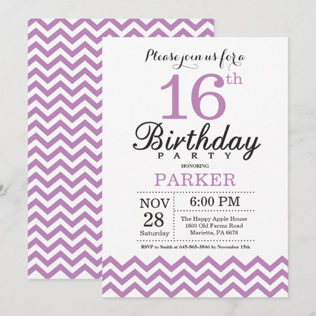 Convite de Aniversário de 16 Anos Chevron Roxo (Frente/Verso)