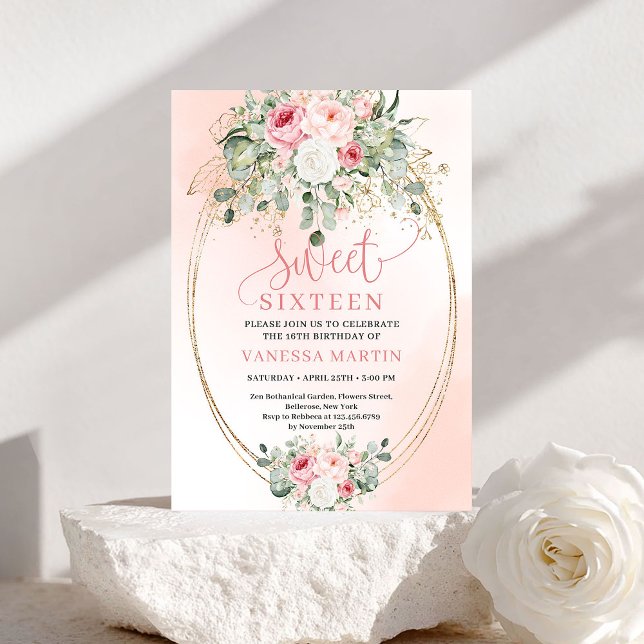 Convite de Aniversário de 16 Anos Chic Blush Gold  (Chic Blush Gold Roses Sweet 16 Birthday Invitation)